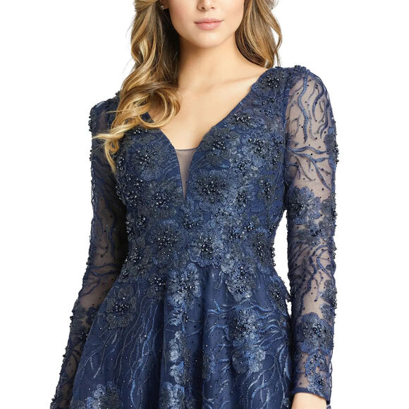 NWT MAC DUGGAL 20286 Embellished Plunge Neck‎ Illusion Long Sleeve Midi Dress 12 - Picture 3 of 7